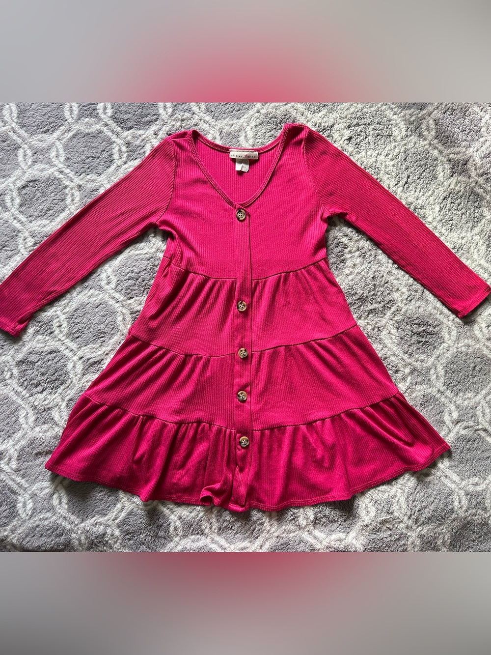 Glitter Girl Ruffled Button-Front Dress - Bright Pink Long Sleeve Girl’s Size 7